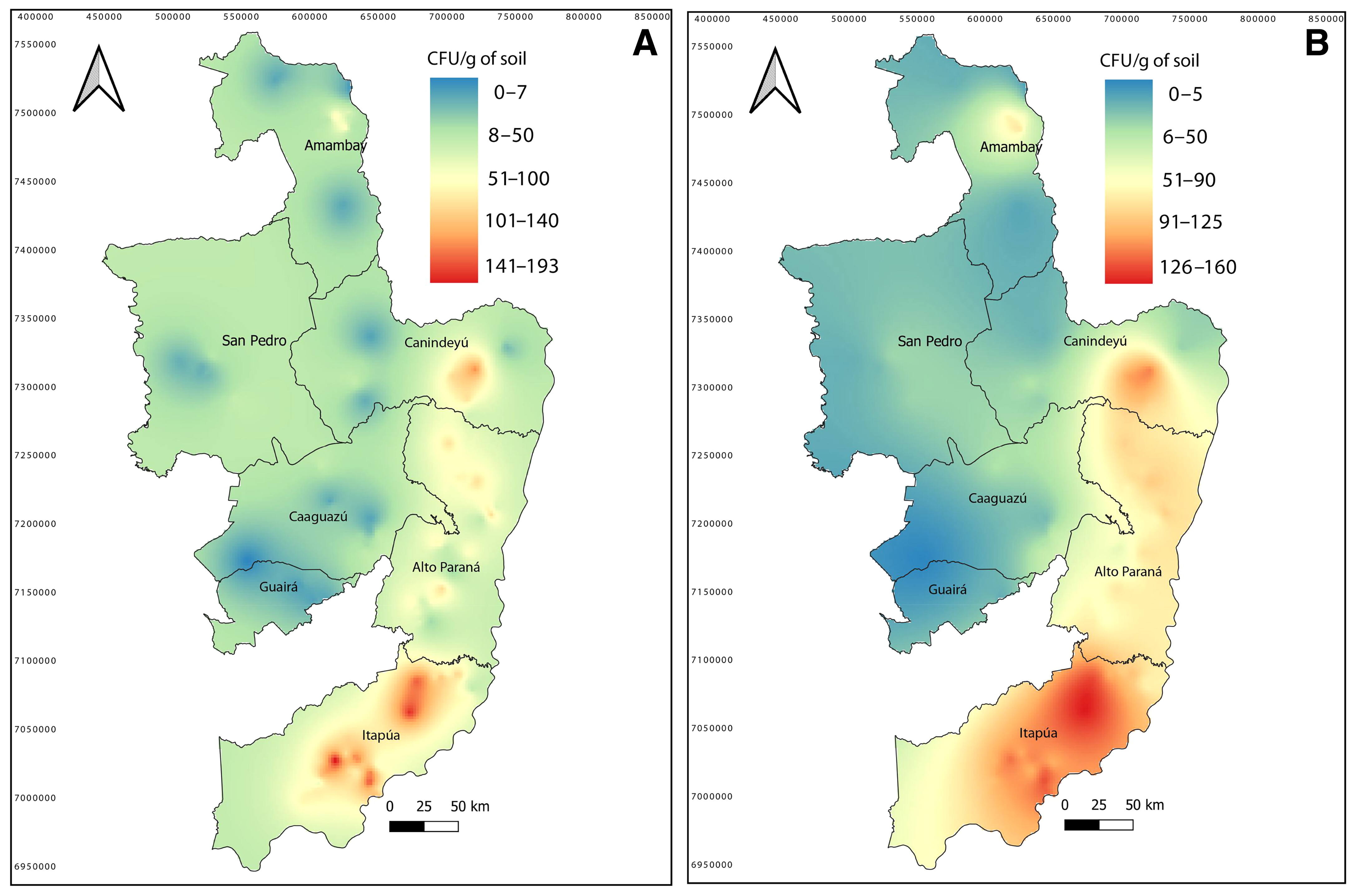 Interpolated maps of colony-forming unit (CFU) abundance of Macrophomina phaseolina (Mp) using A, ordinary kriging and B, co-kri