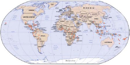 Figura 1. Distribuição mundial da Sigatoka negra (círculo = países nos quais a Sigatoka negra já foi relatada de acordo com Cali