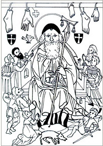 (Derecha) San Antonio. De una xilografía hecha en Alemania alrededor de 1215 d.C. Cortesía del Staatliche Graphische Sammlung Mü
