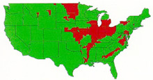 Figura 20. Grandes epidemias de giberela (vermelho) em trigo e cevada nos Estados Unidos de 1991 a 1996. (Cortesia M. McMullen)