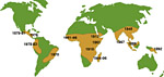 Figure 1. World distribution of coffee rust. (Adapted from Schieber, E. and G.A. Zentmyer. 1984. Coffee rust in the Western Hemisphere. Plant Dis. 68:89-93. Used by permission from P.A. Arneson)