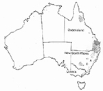 Figure 25. Corn growing regions of Australia (from: Allen, R. N., and D. R. Jones. 1983. Plant Disease Survey 1981-82, pp 17-20, New South Wales Department of Agriculture). An occurrence of boil smut in 1911 was eradicated from the Bathhurst area (A). Boil smut reoccurred in northeastern New South Wales and southern Queensland in 1982 (B). Since the early 1980s, Ustilago maydis crossed the Great Dividing Range where it spread to regions west of Sydney including areas near Bathurst, Dubbo, and the Murrimbigee Irrigation district (C).