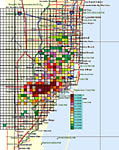 Figure 34. Spatio-temporal spread of canker in Miami area. Each square represents a square mile (section/township/range) infested with citrus canker. (Courtesy T.R. Gottwald, copyright-free)